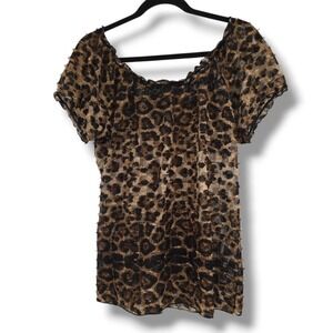 Once‎ Again Leopard Print Top Sheer Short Sleeve Blouse Women's Size XL